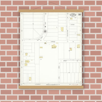 Old map wall art mockup — magnetic wood frame on brick wall — Sanborn Fire Insurance Map from Hollywood, Los Angeles County, California (1907), Sheet #0010