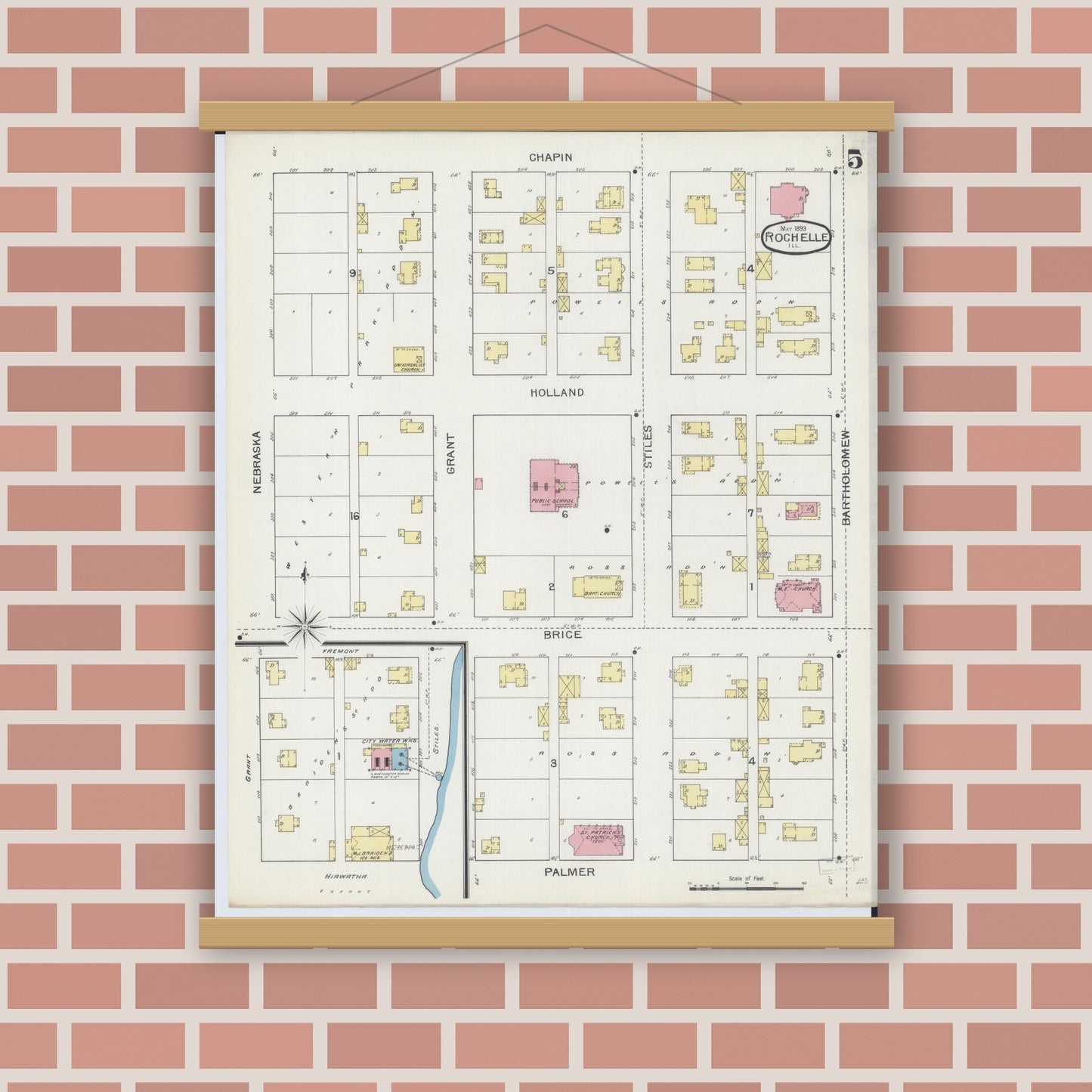 Old map wall art mockup — magnetic wood frame on brick wall — Sanborn Fire Insurance Map from Rochelle, Ogle County, Illinois (1893), Sheet #0005