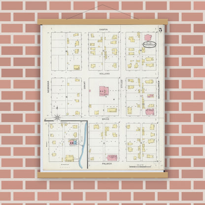 Old map wall art mockup — magnetic wood frame on brick wall — Sanborn Fire Insurance Map from Rochelle, Ogle County, Illinois (1893), Sheet #0005