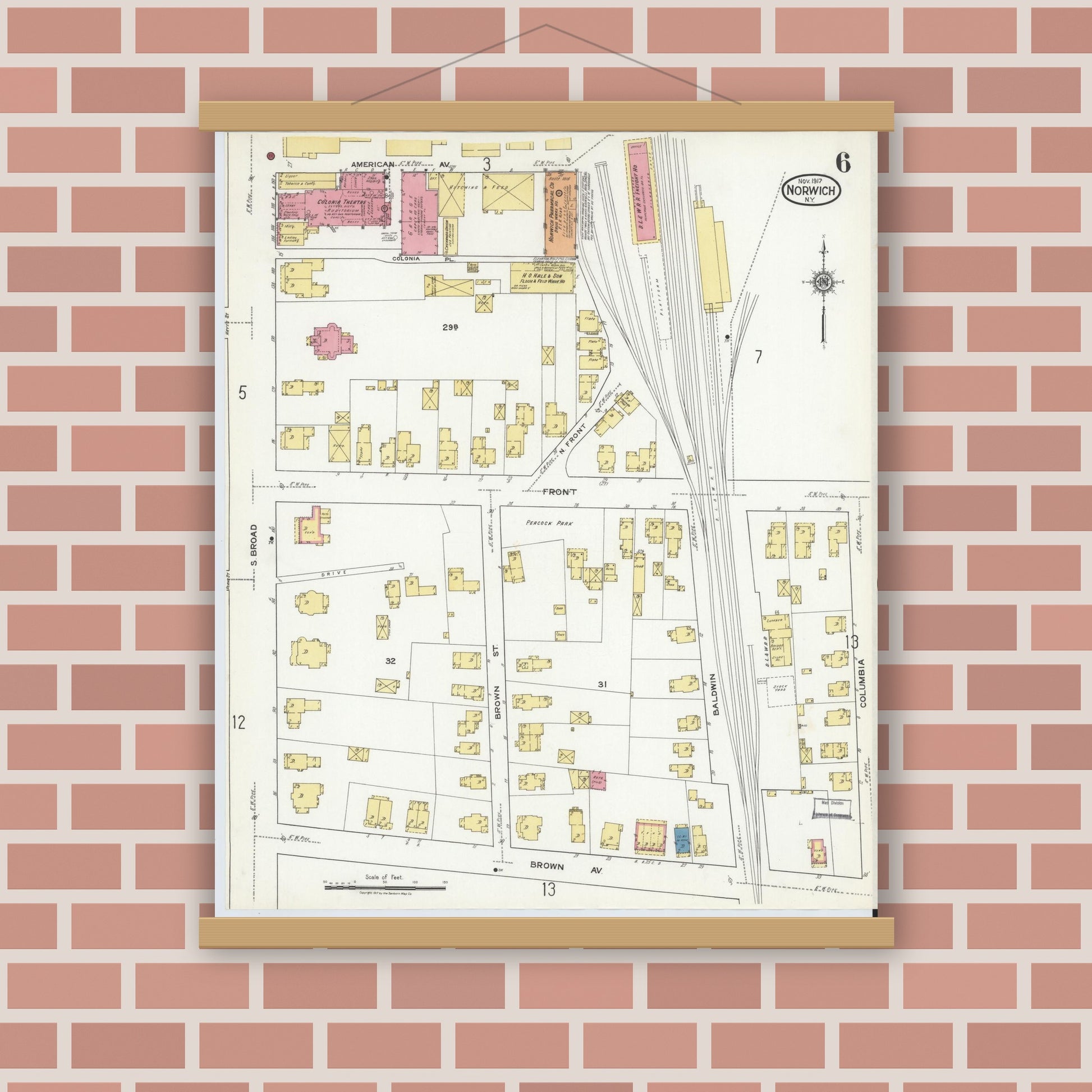 Old map wall art mockup — magnetic wood frame on brick wall — Sanborn Fire Insurance Map from Norwich, Chenango County, New York (1917), Sheet #0006