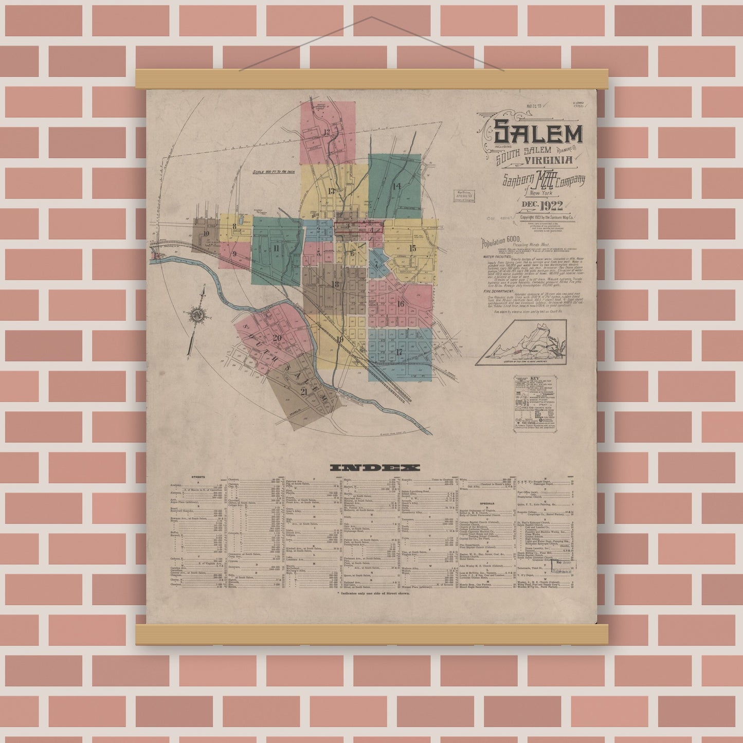 Old map wall art mockup — magnetic wood frame on brick wall — Sanborn Fire Insurance Map from Salem, Independent Cities, Virginia (1922), Sheet #0001