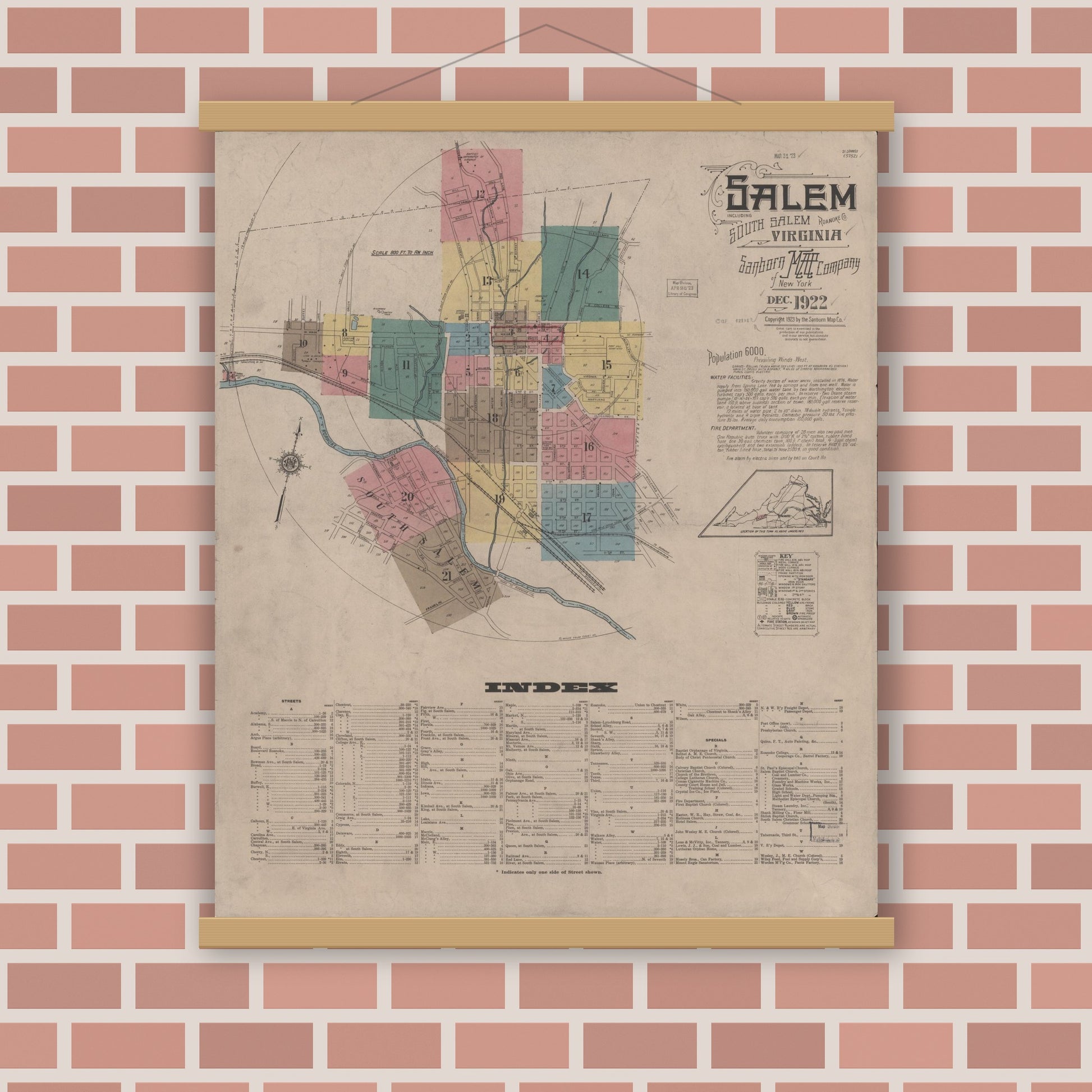 Old map wall art mockup — magnetic wood frame on brick wall — Sanborn Fire Insurance Map from Salem, Independent Cities, Virginia (1922), Sheet #0001