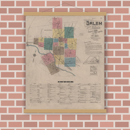 Old map wall art mockup — magnetic wood frame on brick wall — Sanborn Fire Insurance Map from Salem, Independent Cities, Virginia (1922), Sheet #0001