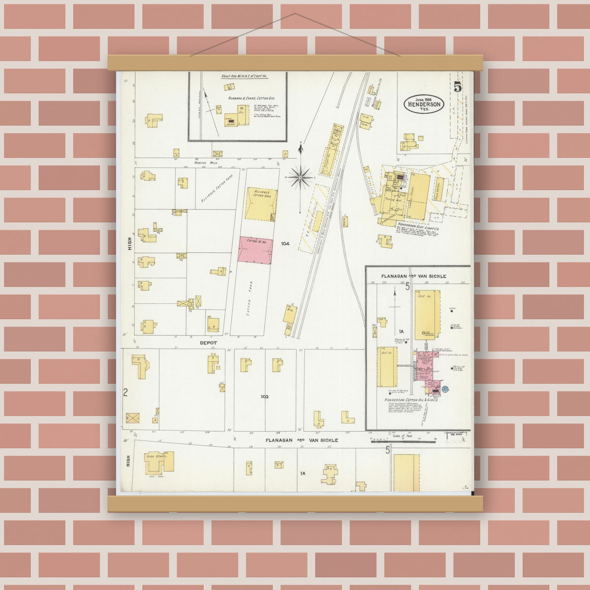 Old map wall art mockup — magnetic wood frame on brick wall — Sanborn Fire Insurance Map from Henderson, Rusk County, Texas (1906), Sheet #0005