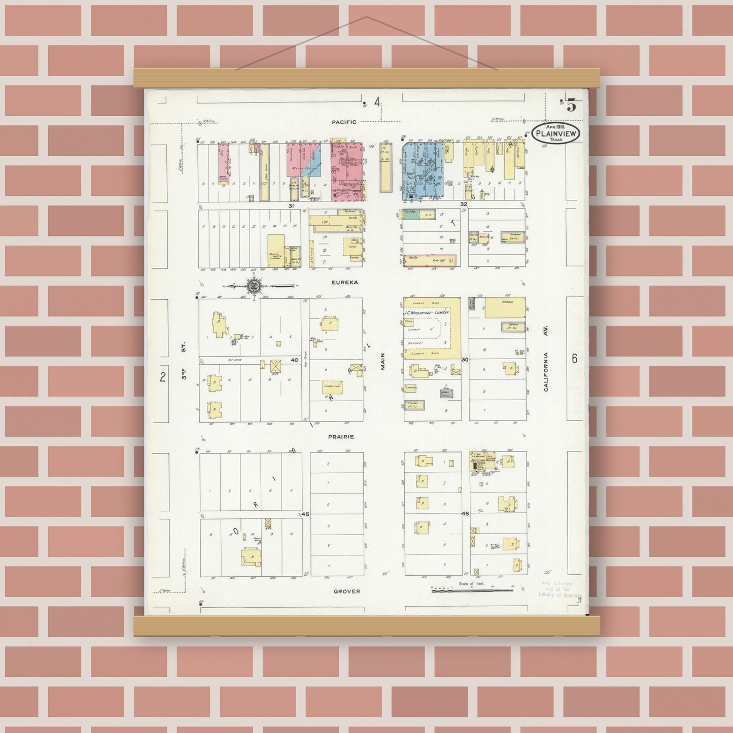 Old map wall art mockup — magnetic wood frame on brick wall — Sanborn Fire Insurance Map from Plainview, Hale County, Texas (1910), Sheet #0005