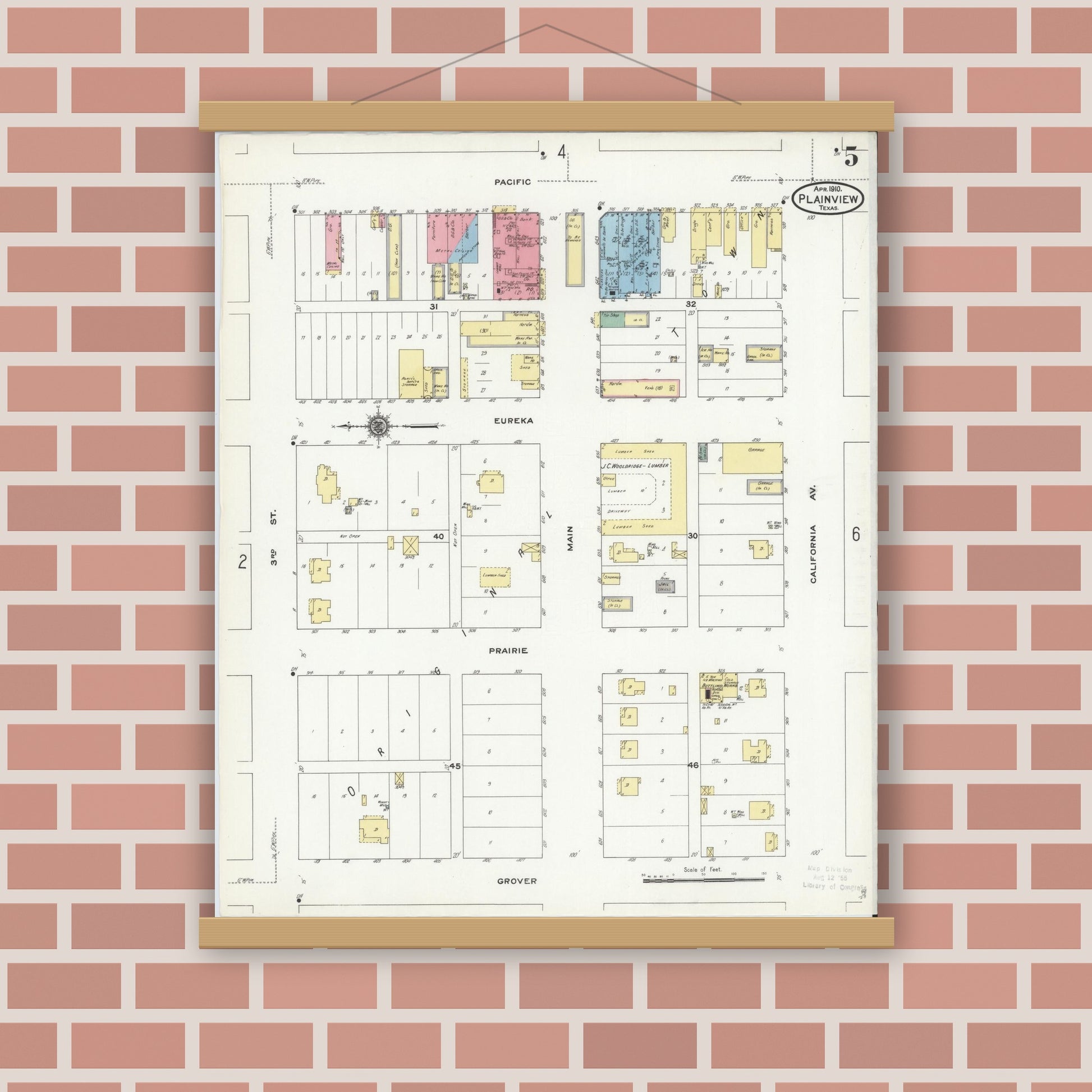 Old map wall art mockup — magnetic wood frame on brick wall — Sanborn Fire Insurance Map from Plainview, Hale County, Texas (1910), Sheet #0005