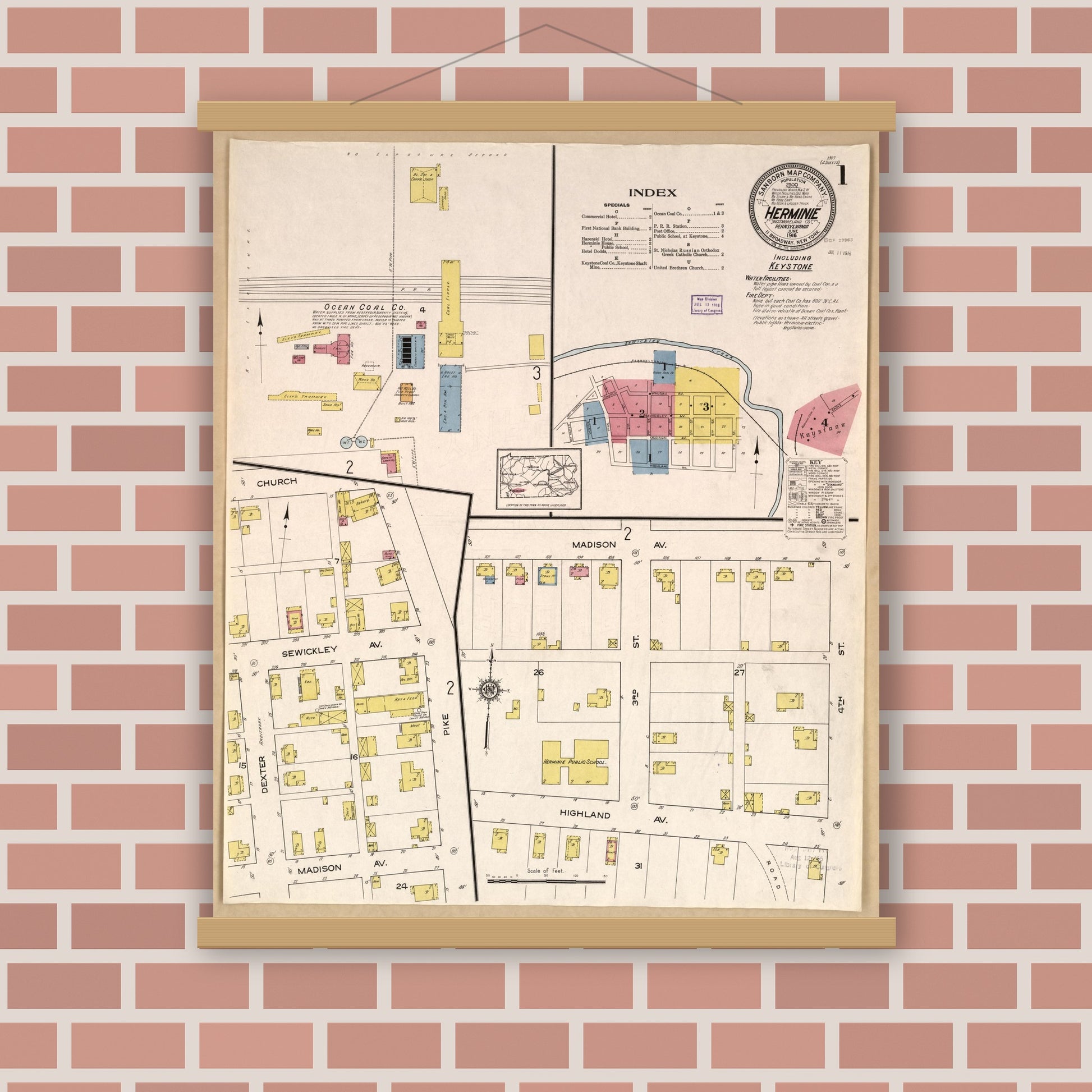 Old map wall art mockup — magnetic wood frame on brick wall — Sanborn Fire Insurance Map from Herminie, Westmoreland County, Pennsylvania (1916), Sheet #0001