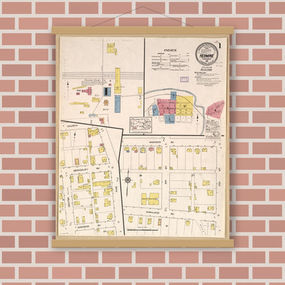 Old map wall art mockup — magnetic wood frame on brick wall — Sanborn Fire Insurance Map from Herminie, Westmoreland County, Pennsylvania (1916), Sheet #0001