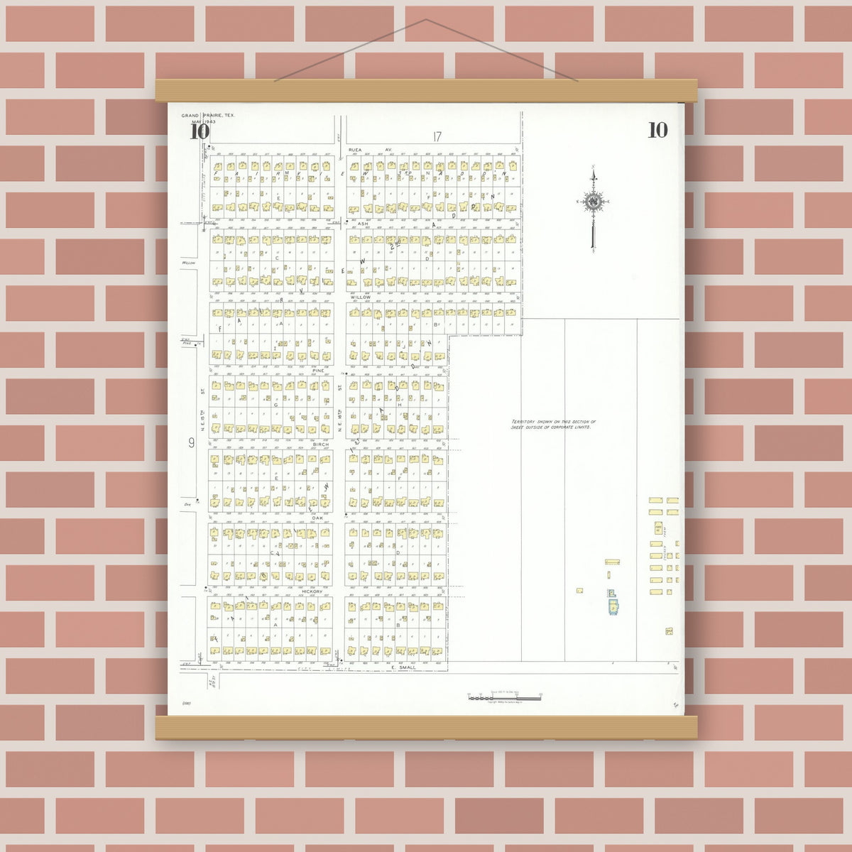 Old map wall art mockup — magnetic wood frame on brick wall — Sanborn Fire Insurance Map from Grand Prairie, Dallas County, Texas (1943), Sheet #0010