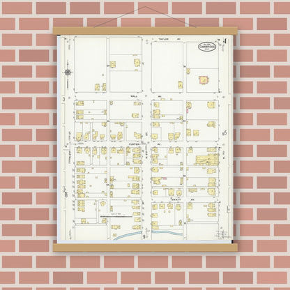 Old map wall art mockup — magnetic wood frame on brick wall — Sanborn Fire Insurance Map from Cambridge, Guernsey County, Ohio (1909), Sheet #0004