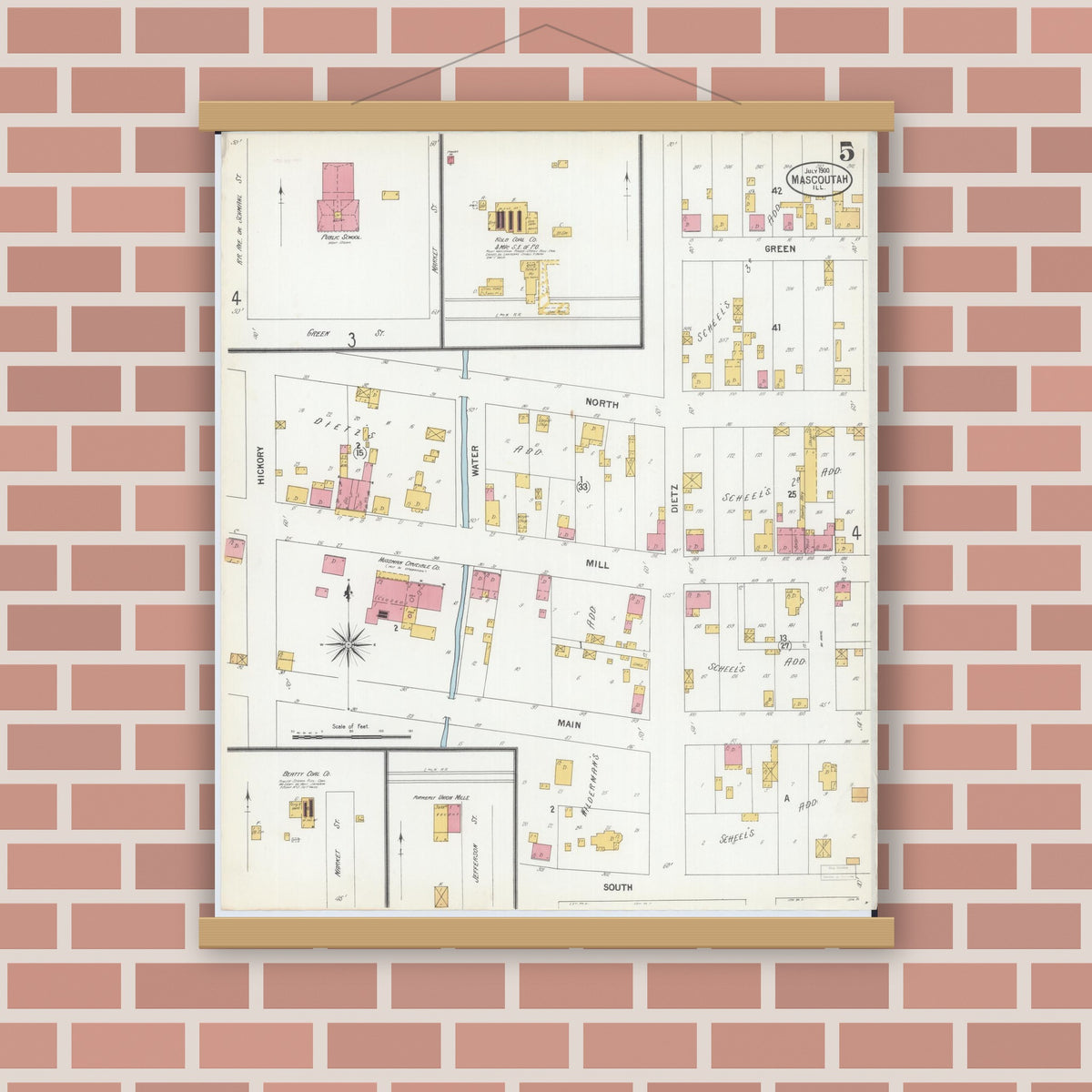 Old map wall art mockup — magnetic wood frame on brick wall — Sanborn Fire Insurance Map from Mascoutah, Saint Clair County, Illinois (1900), Sheet #0005