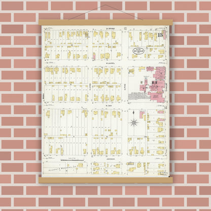 Old map wall art mockup — magnetic wood frame on brick wall — Sanborn Fire Insurance Map from Seymour, Jackson County, Indiana (1907), Sheet #0013