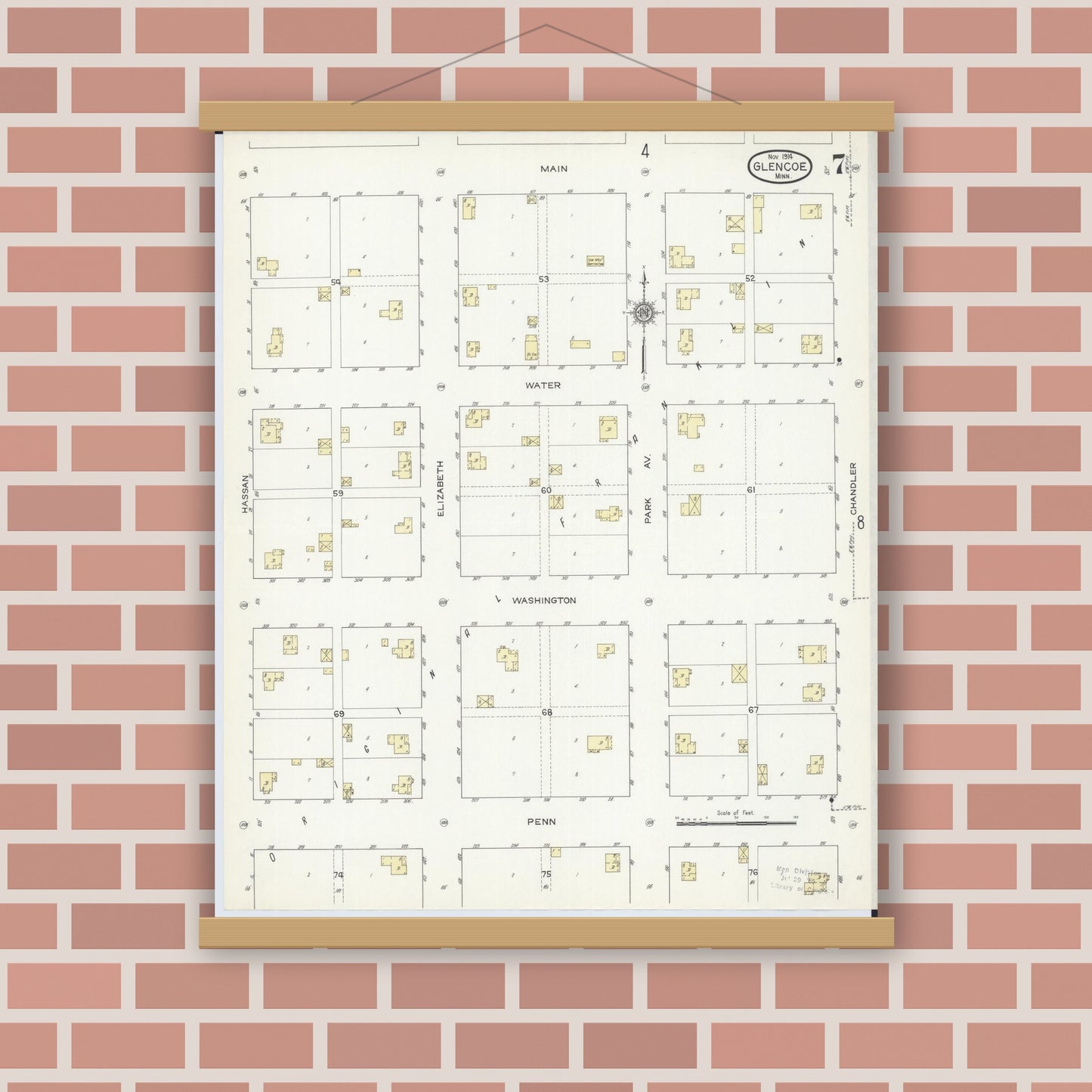 Old map wall art mockup — magnetic wood frame on brick wall — Sanborn Fire Insurance Map from Glencoe, Mcleod County, Minnesota (1914), Sheet #0007