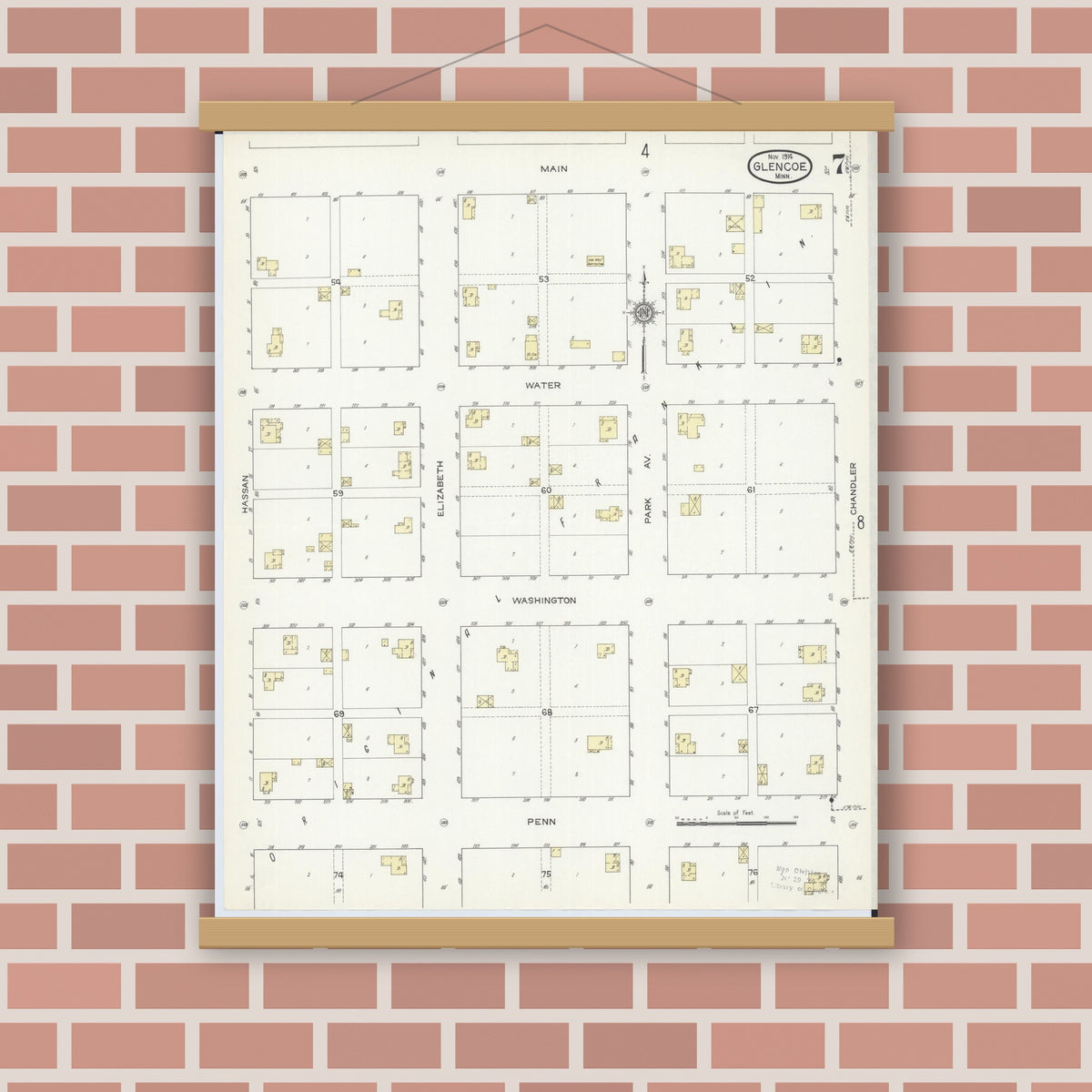 Old map wall art mockup — magnetic wood frame on brick wall — Sanborn Fire Insurance Map from Glencoe, Mcleod County, Minnesota (1914), Sheet #0007