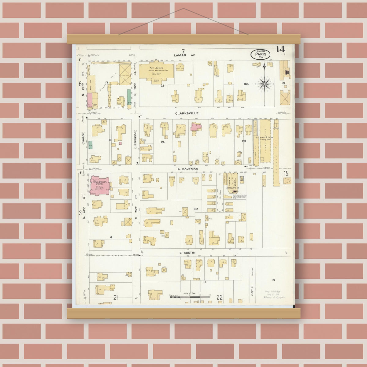 Old map wall art mockup — magnetic wood frame on brick wall — Sanborn Fire Insurance Map from Paris, Lamar County, Texas (1908), Sheet #0014