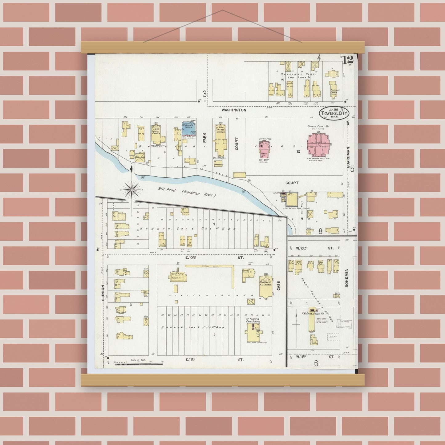 Old map wall art mockup — magnetic wood frame on brick wall — Sanborn Fire Insurance Map from Traverse City, Grand Traverse County, Michigan (1899), Sheet #0012