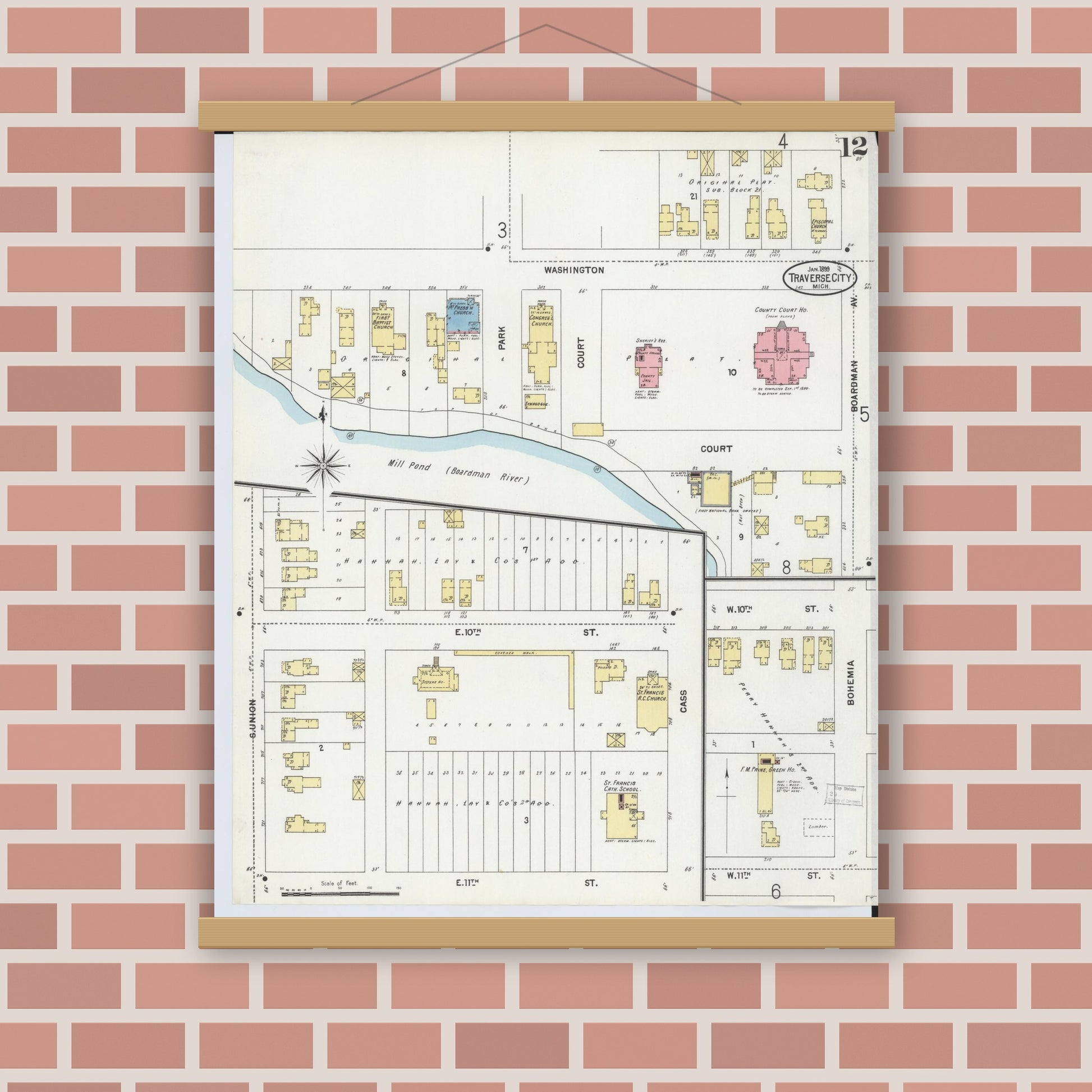 Old map wall art mockup — magnetic wood frame on brick wall — Sanborn Fire Insurance Map from Traverse City, Grand Traverse County, Michigan (1899), Sheet #0012