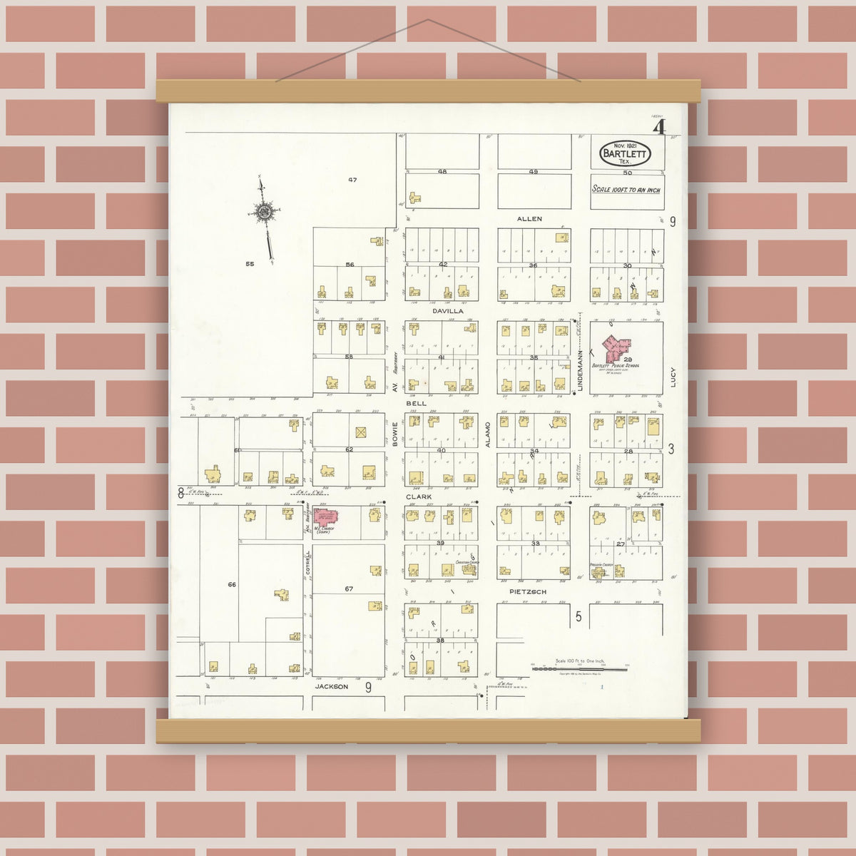 Old map wall art mockup — magnetic wood frame on brick wall — Sanborn Fire Insurance Map from Bartlett, Bell and Williamson Counties, Texas (1921), Sheet #0004