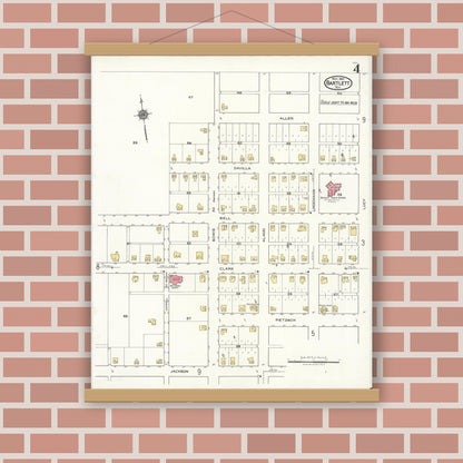Old map wall art mockup — magnetic wood frame on brick wall — Sanborn Fire Insurance Map from Bartlett, Bell and Williamson Counties, Texas (1921), Sheet #0004