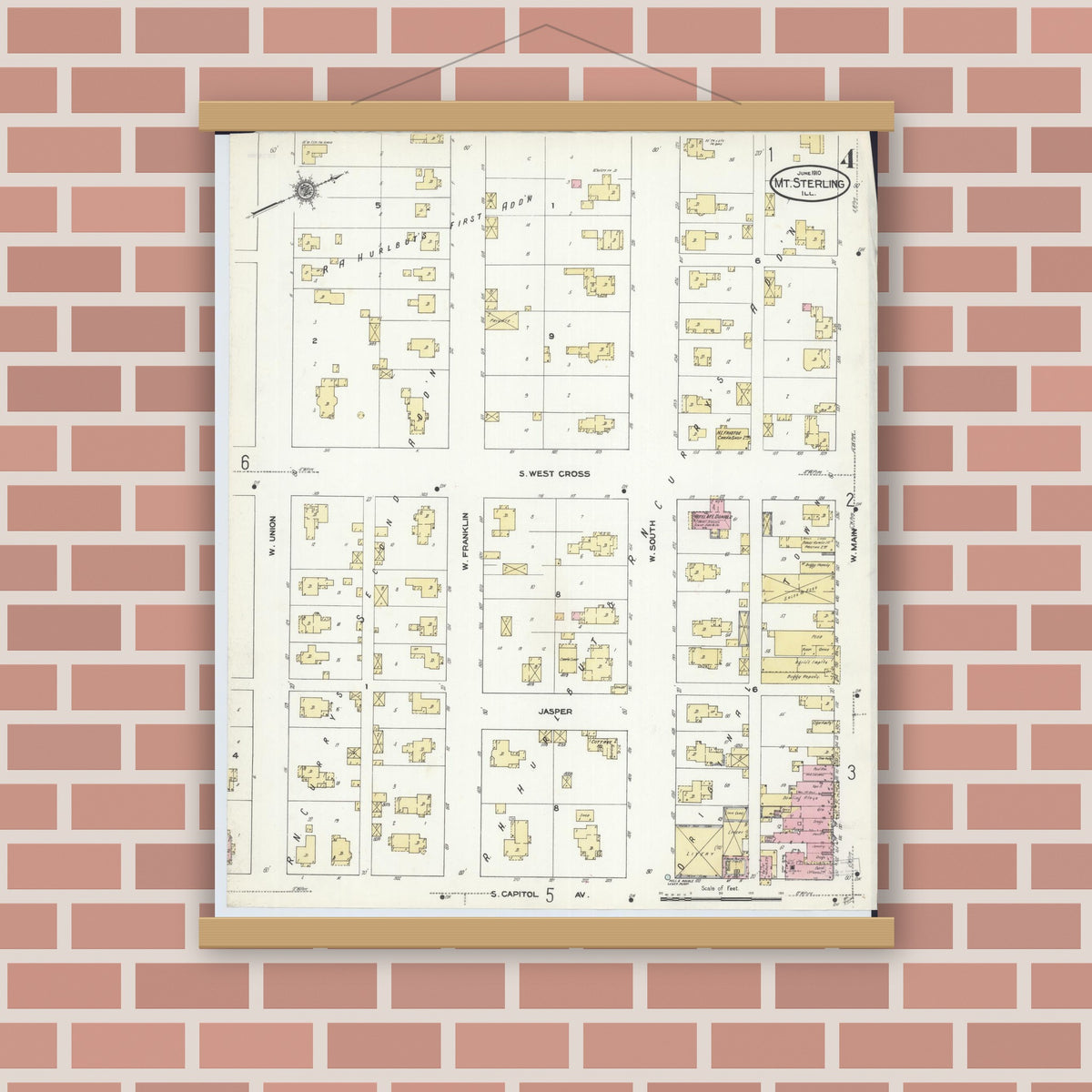 Old map wall art mockup — magnetic wood frame on brick wall — Sanborn Fire Insurance Map from Mount Sterling, Brown County, Illinois (1910), Sheet #0004