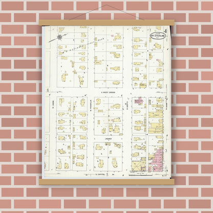 Old map wall art mockup — magnetic wood frame on brick wall — Sanborn Fire Insurance Map from Mount Sterling, Brown County, Illinois (1910), Sheet #0004