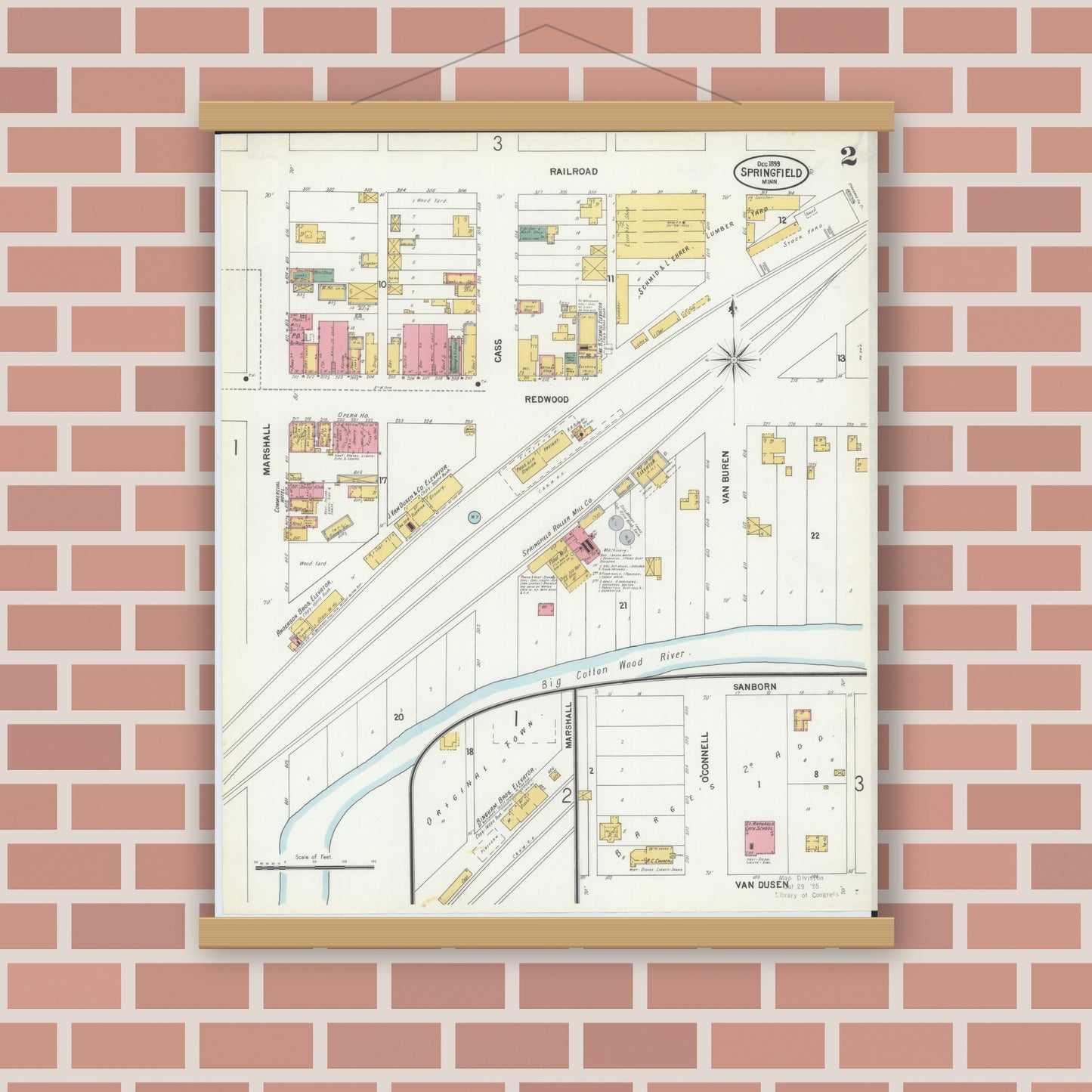 Old map wall art mockup — magnetic wood frame on brick wall — Sanborn Fire Insurance Map from Springfield, Brown County, Minnesota (1899), Sheet #0002