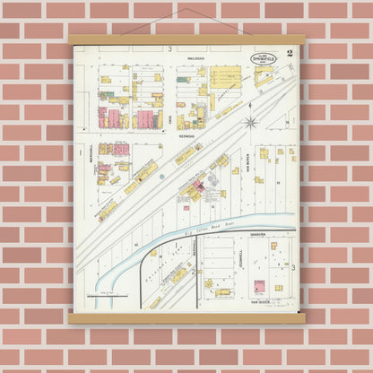 Old map wall art mockup — magnetic wood frame on brick wall — Sanborn Fire Insurance Map from Springfield, Brown County, Minnesota (1899), Sheet #0002