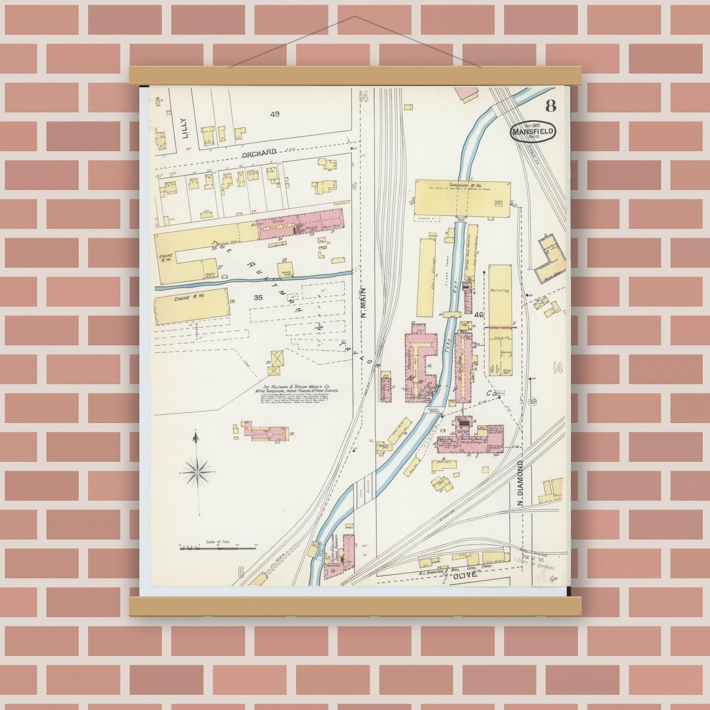 Old map wall art mockup — magnetic wood frame on brick wall — Sanborn Fire Insurance Map from Mansfield, Richland County, Ohio (1892), Sheet #0008