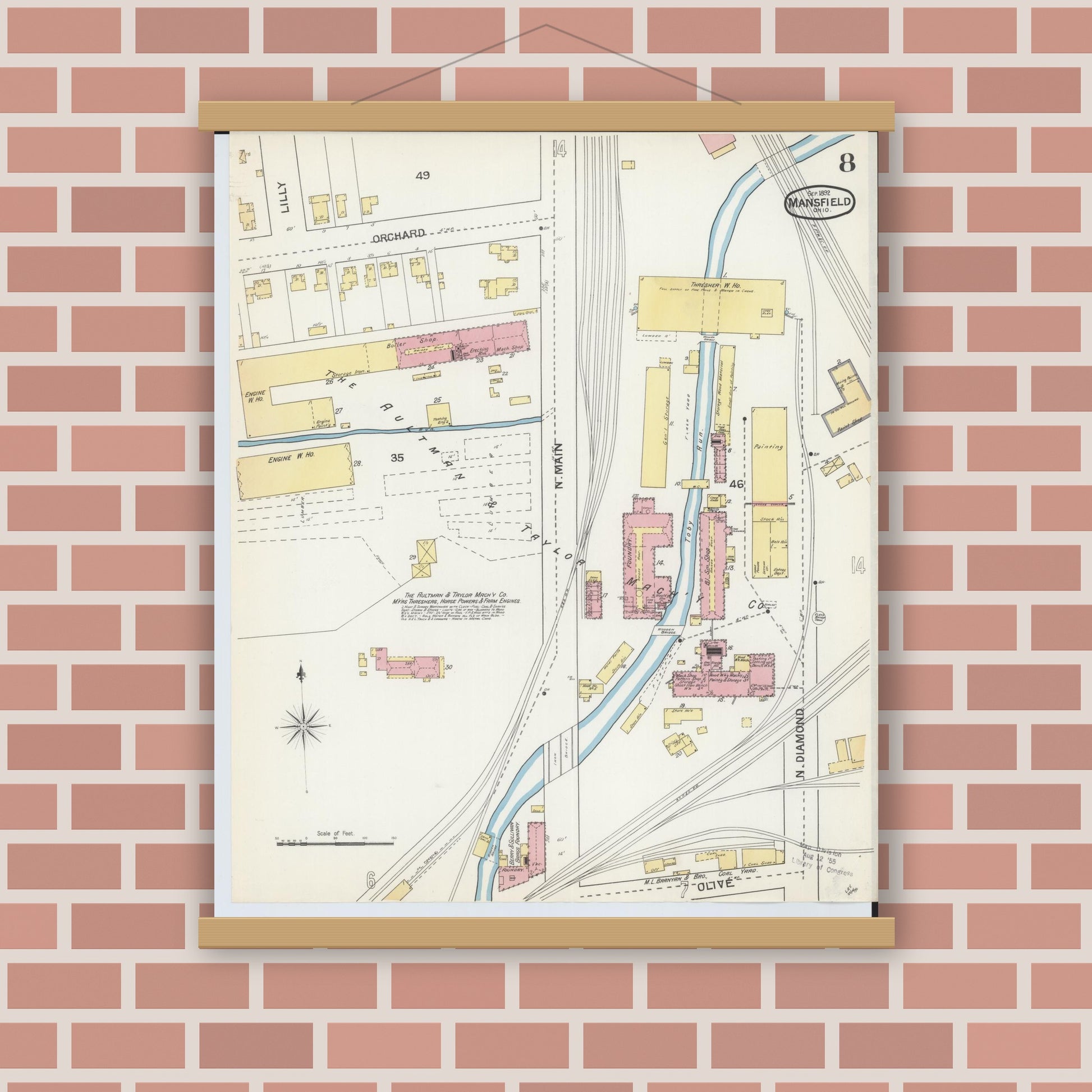Old map wall art mockup — magnetic wood frame on brick wall — Sanborn Fire Insurance Map from Mansfield, Richland County, Ohio (1892), Sheet #0008