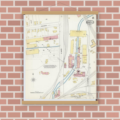 Old map wall art mockup — magnetic wood frame on brick wall — Sanborn Fire Insurance Map from Mansfield, Richland County, Ohio (1892), Sheet #0008