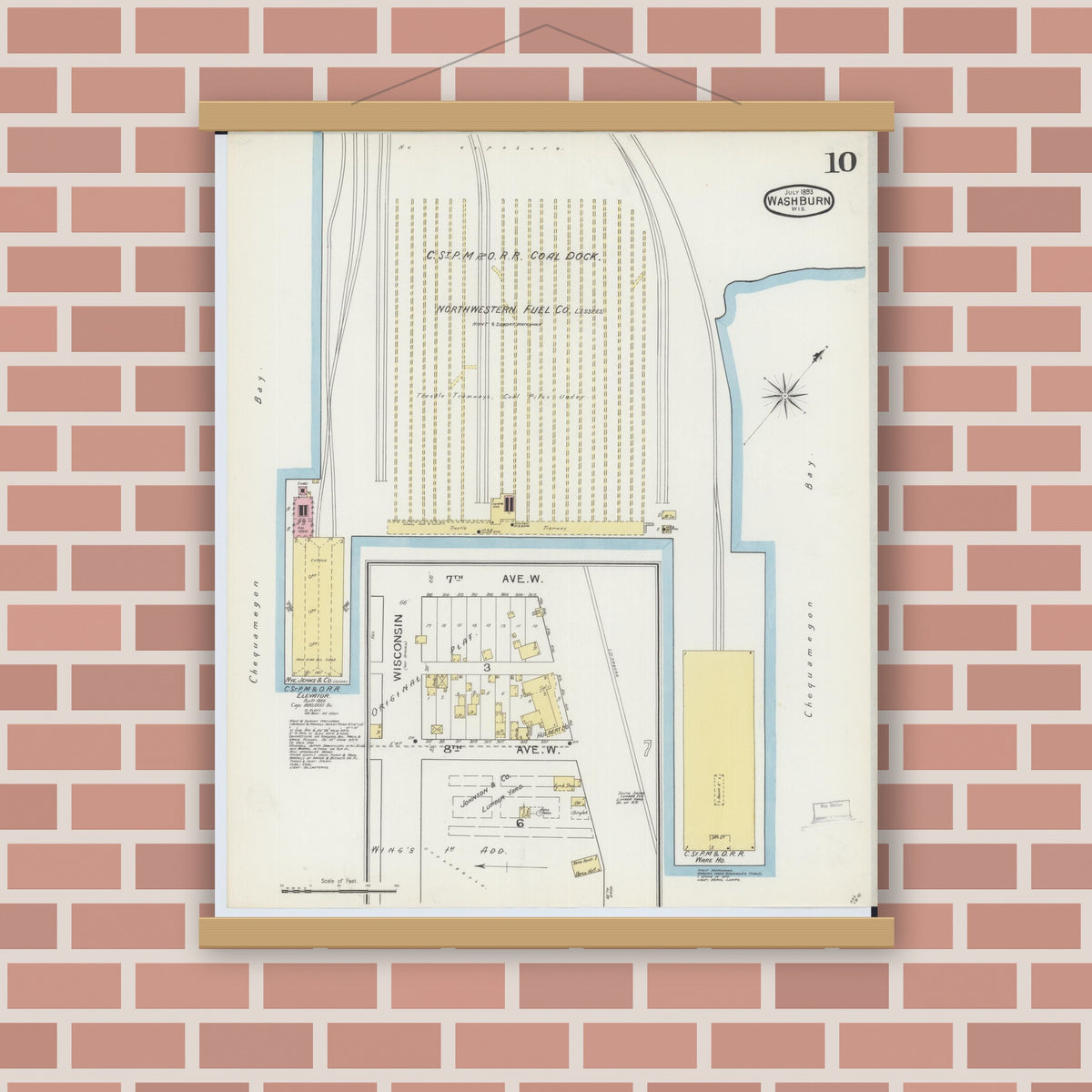 Old map wall art mockup — magnetic wood frame on brick wall — Sanborn Fire Insurance Map from Washburn, Bayfield County, Wisconsin (1893), Sheet #0010