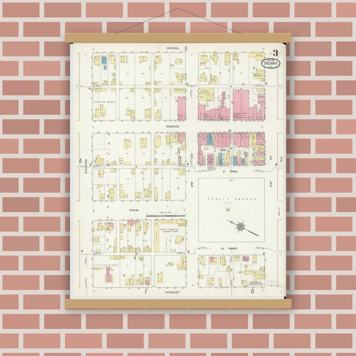 Old map wall art mockup — magnetic wood frame on brick wall — Sanborn Fire Insurance Map from Henry, Marshall County, Illinois (1913), Sheet #0003