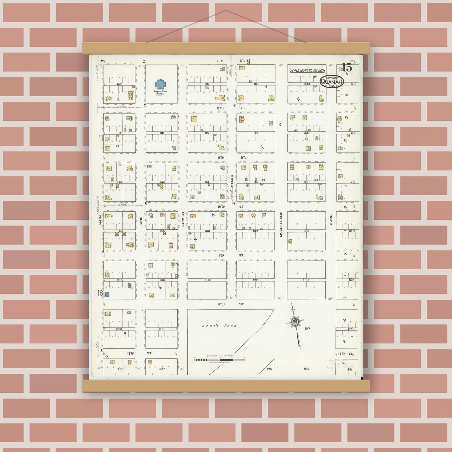 Old map wall art mockup — magnetic wood frame on brick wall — Sanborn Fire Insurance Map from Quanah, Hardeman County, Texas (1921), Sheet #0015