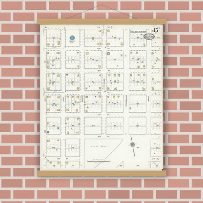 Old map wall art mockup — magnetic wood frame on brick wall — Sanborn Fire Insurance Map from Quanah, Hardeman County, Texas (1921), Sheet #0015