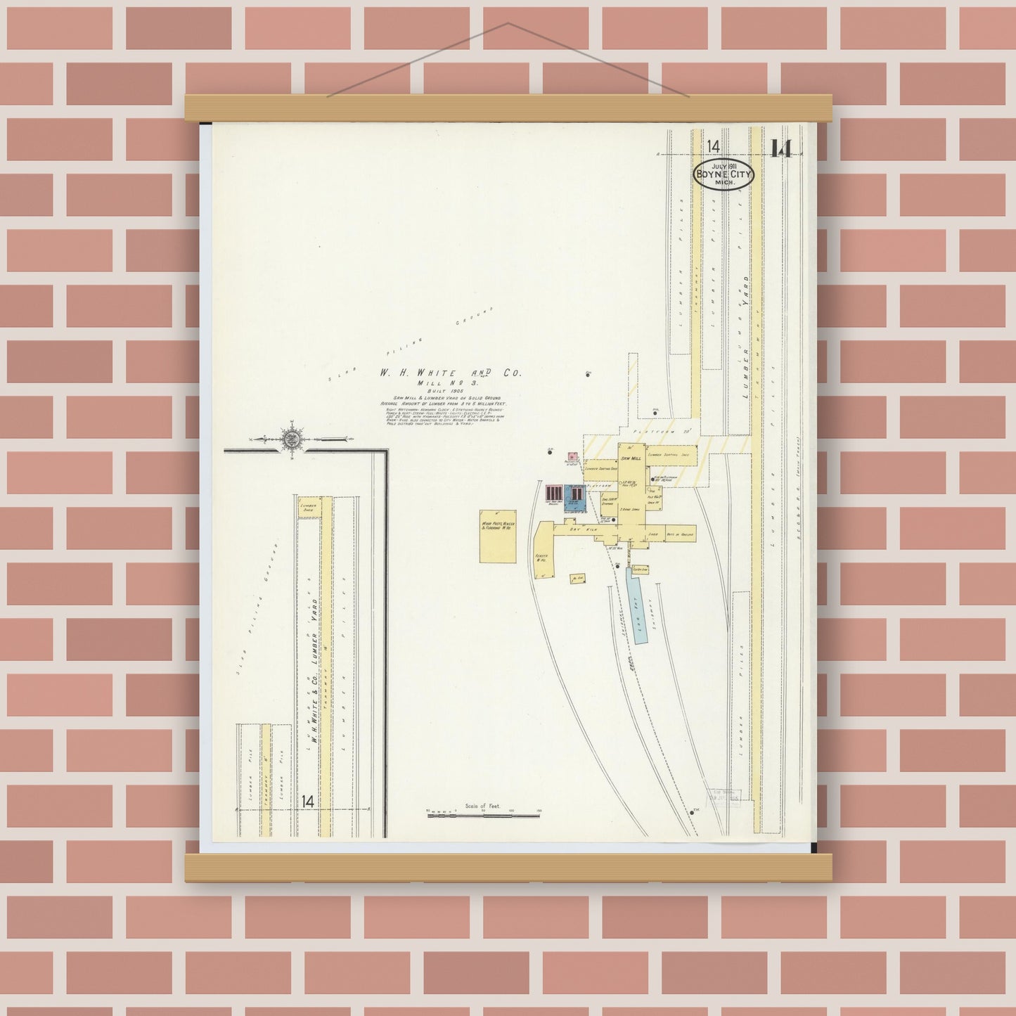 Old map wall art mockup — magnetic wood frame on brick wall — Sanborn Fire Insurance Map from Boyne City, Charlevoix County, Michigan (1911), Sheet #0014