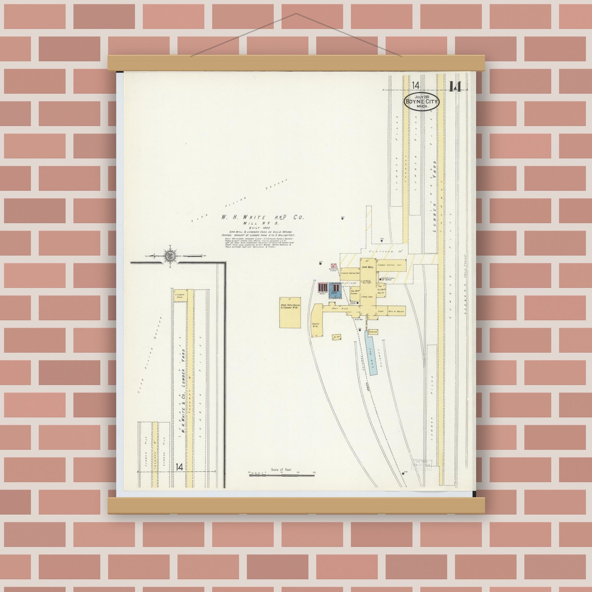Old map wall art mockup — magnetic wood frame on brick wall — Sanborn Fire Insurance Map from Boyne City, Charlevoix County, Michigan (1911), Sheet #0014