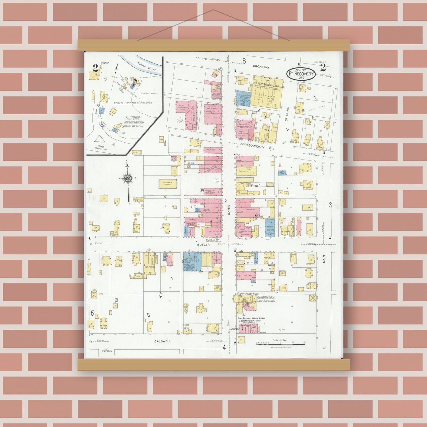Old map wall art mockup — magnetic wood frame on brick wall — Sanborn Fire Insurance Map from Fort Recovery, Mercer County, Ohio (1927), Sheet #0002