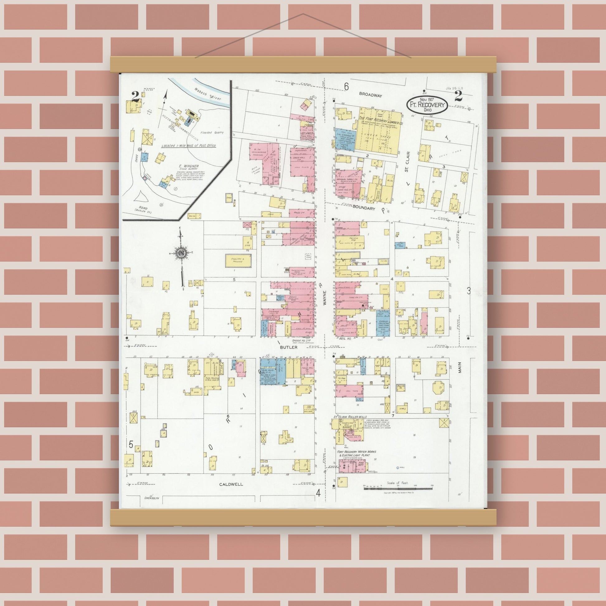 Old map wall art mockup — magnetic wood frame on brick wall — Sanborn Fire Insurance Map from Fort Recovery, Mercer County, Ohio (1927), Sheet #0002