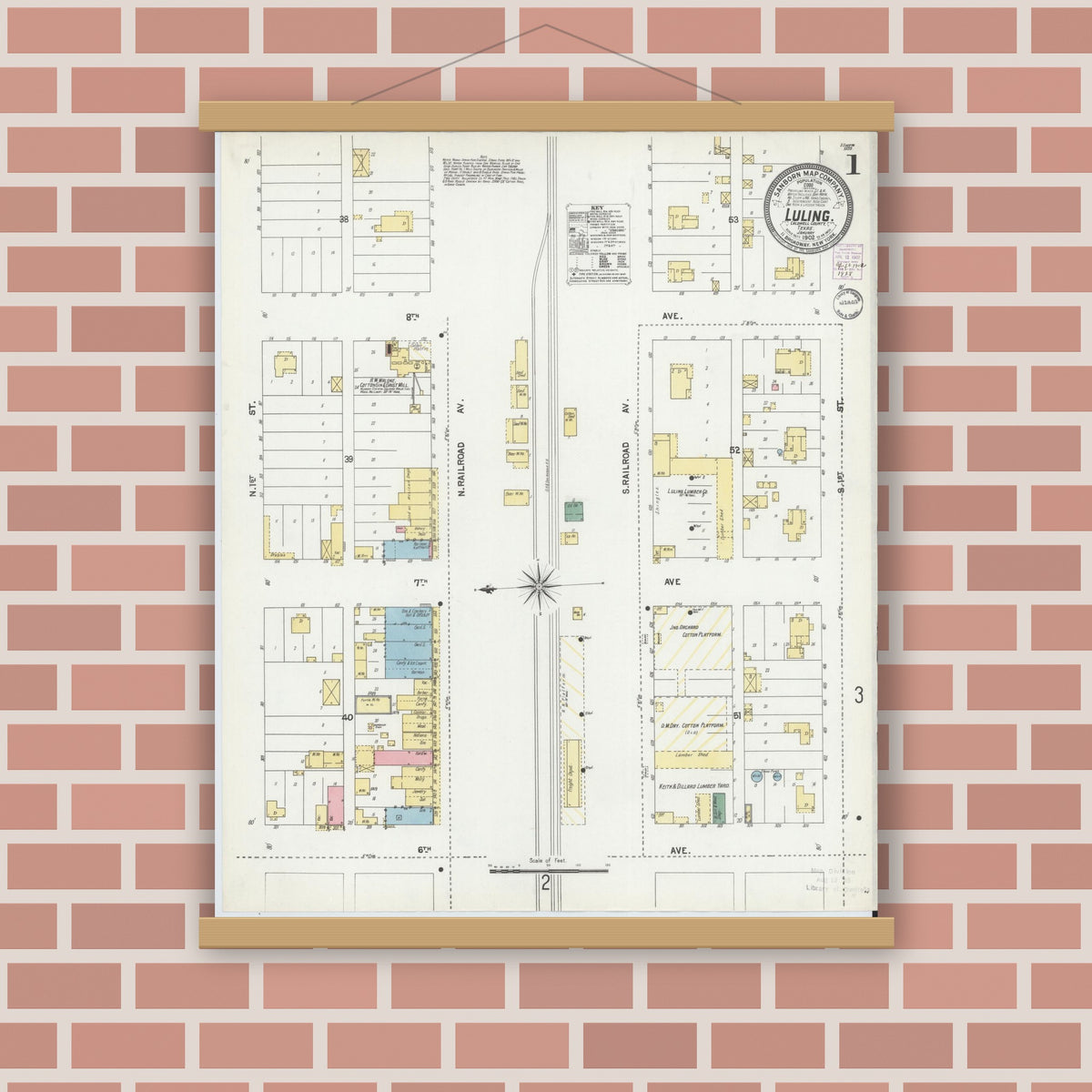 Old map wall art mockup — magnetic wood frame on brick wall — Sanborn Fire Insurance Map from Luling, Caldwell County, Texas (1902) - Complete Map Set