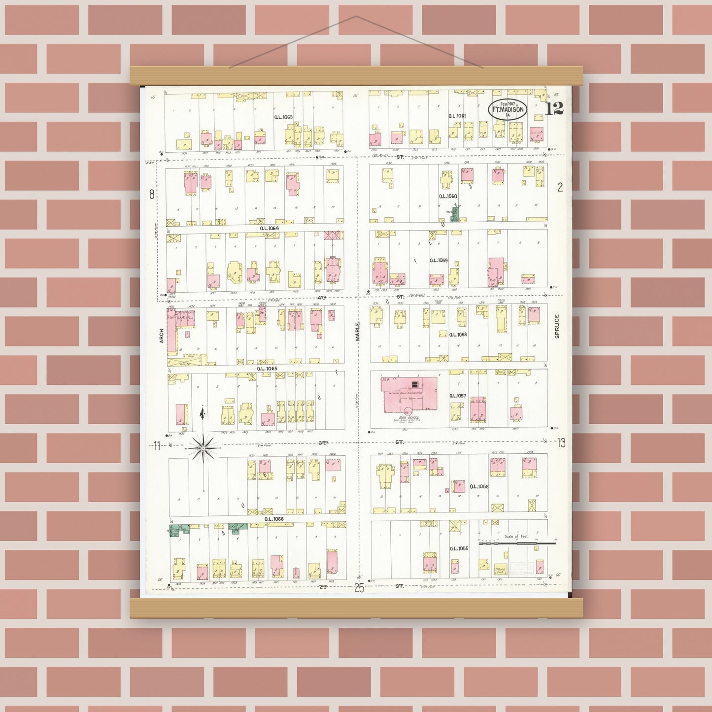 Old map wall art mockup — magnetic wood frame on brick wall — Sanborn Fire Insurance Map from Fort Madison, Lee County, Iowa (1907), Sheet #0012