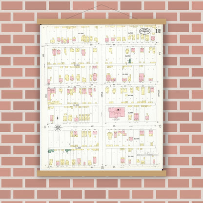 Old map wall art mockup — magnetic wood frame on brick wall — Sanborn Fire Insurance Map from Fort Madison, Lee County, Iowa (1907), Sheet #0012