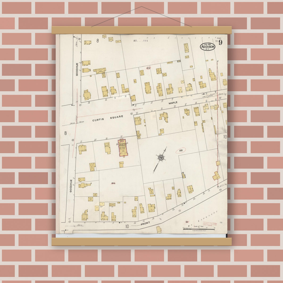 Old map wall art mockup — magnetic wood frame on brick wall — Sanborn Fire Insurance Map from Addison, Steuben County, New York (1945), Sheet #0009