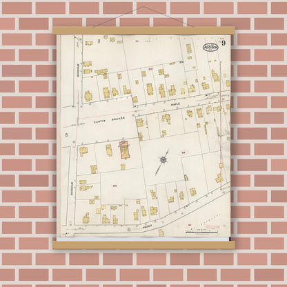 Old map wall art mockup — magnetic wood frame on brick wall — Sanborn Fire Insurance Map from Addison, Steuben County, New York (1945), Sheet #0009