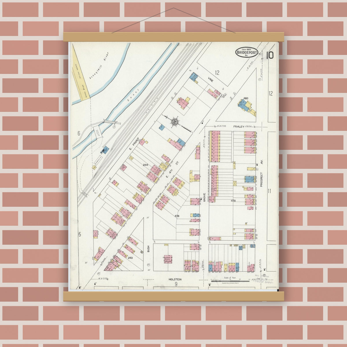 Old map wall art mockup — magnetic wood frame on brick wall — Sanborn Fire Insurance Map from Bridgeport, Montgomery County, Pennsylvania (1920), Sheet #0010