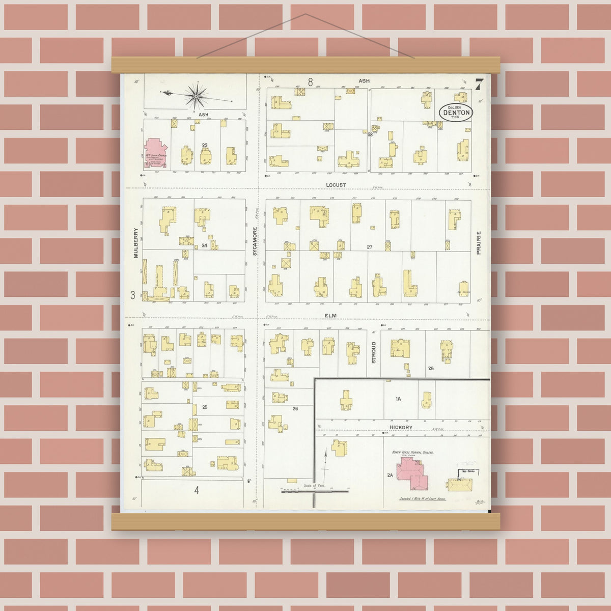 Old map wall art mockup — magnetic wood frame on brick wall — Sanborn Fire Insurance Map from Denton, Denton County, Texas (1901), Sheet #0007