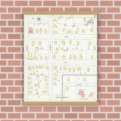 Old map wall art mockup — magnetic wood frame on brick wall — Sanborn Fire Insurance Map from Denton, Denton County, Texas (1901), Sheet #0007