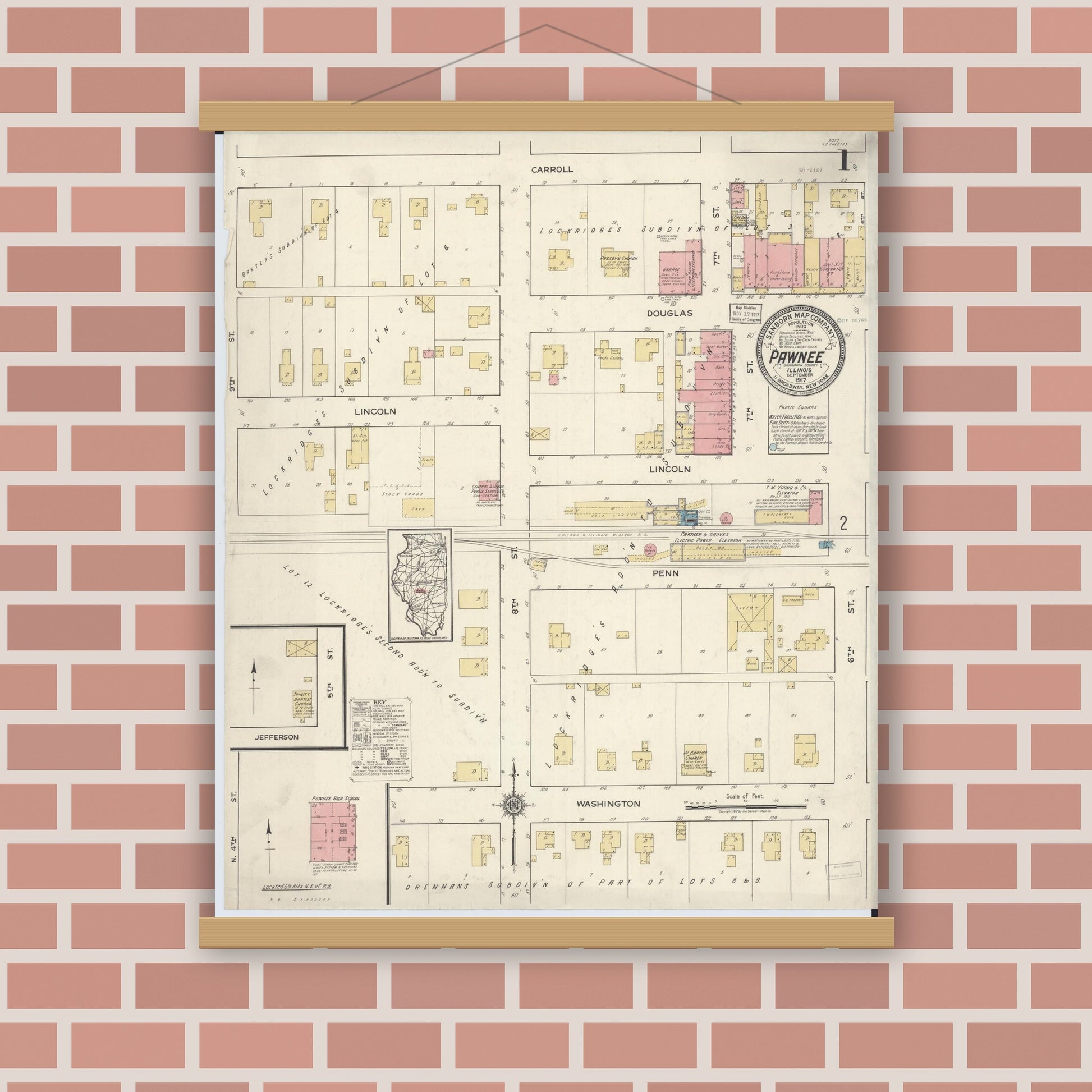 Old map wall art mockup — magnetic wood frame on brick wall — Sanborn Fire Insurance Map from Pawnee, Sangamon County, Illinois (1917) - Complete Map Set