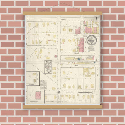 Old map wall art mockup — magnetic wood frame on brick wall — Sanborn Fire Insurance Map from Pawnee, Sangamon County, Illinois (1917) - Complete Map Set