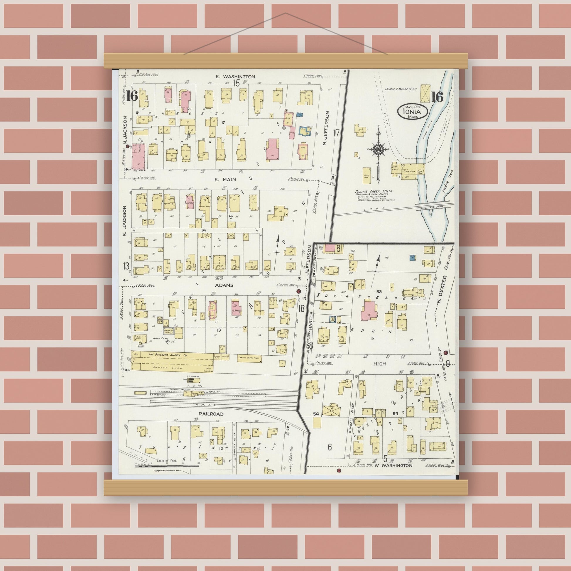 Old map wall art mockup — magnetic wood frame on brick wall — Sanborn Fire Insurance Map from Ionia, Ionia County, Michigan (1924), Sheet #0016