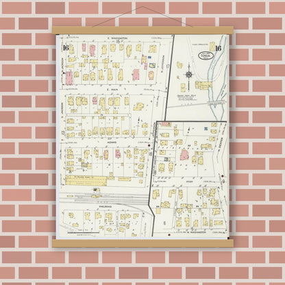 Old map wall art mockup — magnetic wood frame on brick wall — Sanborn Fire Insurance Map from Ionia, Ionia County, Michigan (1924), Sheet #0016